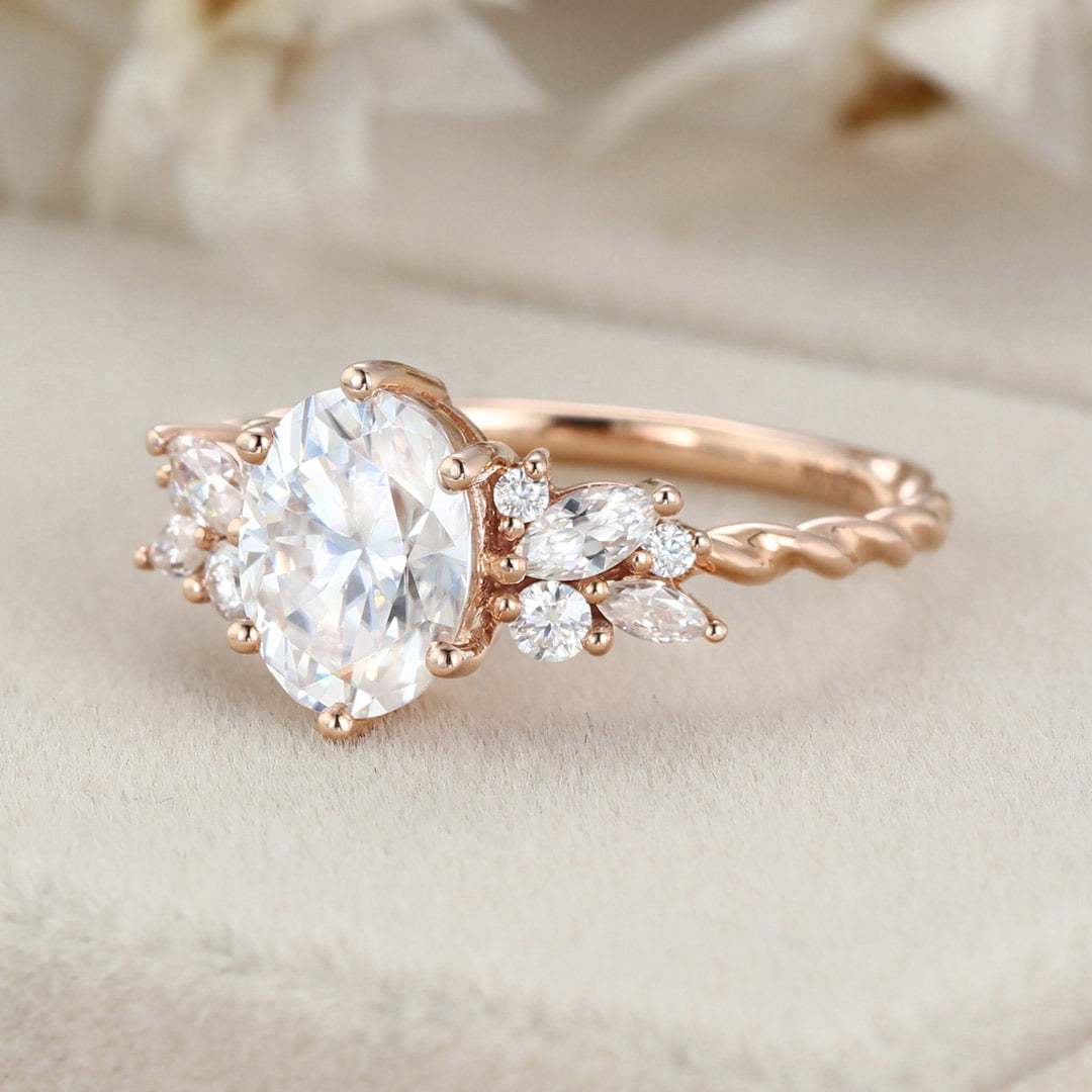 1.5 Carat Art Deco Vintage Oval Shaped Moissanite Engagement Ring In 14K Rose Gold