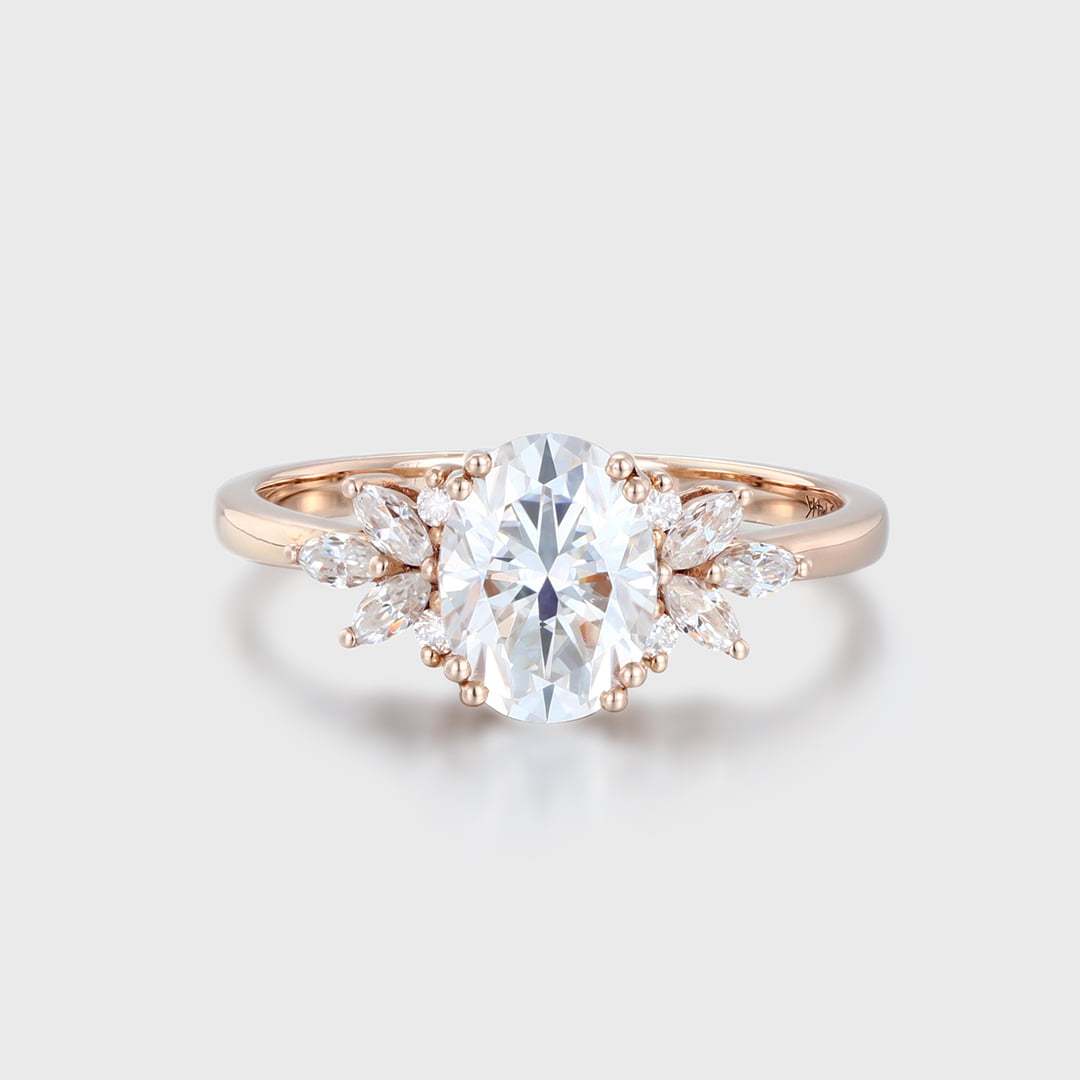 Oval cut Moissanite engagement ring Vintage Rose gold engagement ring Cluster ring Art Deco marquise ring Bridal Promise Anniversary gift