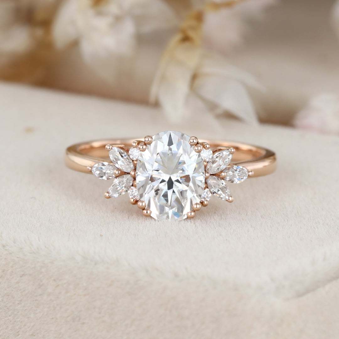 Oval cut Moissanite engagement ring Vintage Rose gold engagement ring Cluster ring Art Deco marquise ring Bridal Promise Anniversary gift
