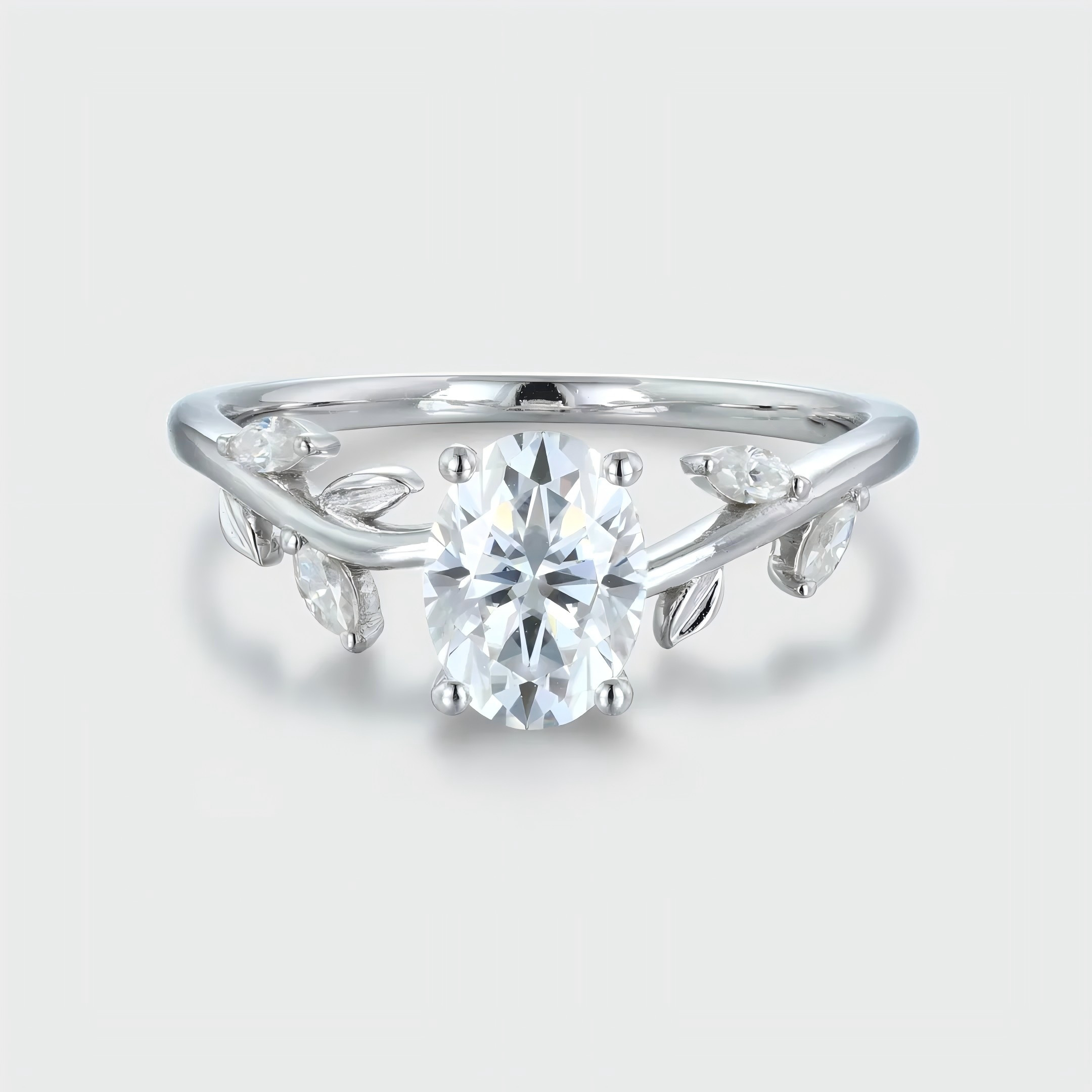 1.5 Carat Oval Cut Moissanite Engagement Ring – Vintage Nature-Inspired Bridal Ring in 14K White Gold