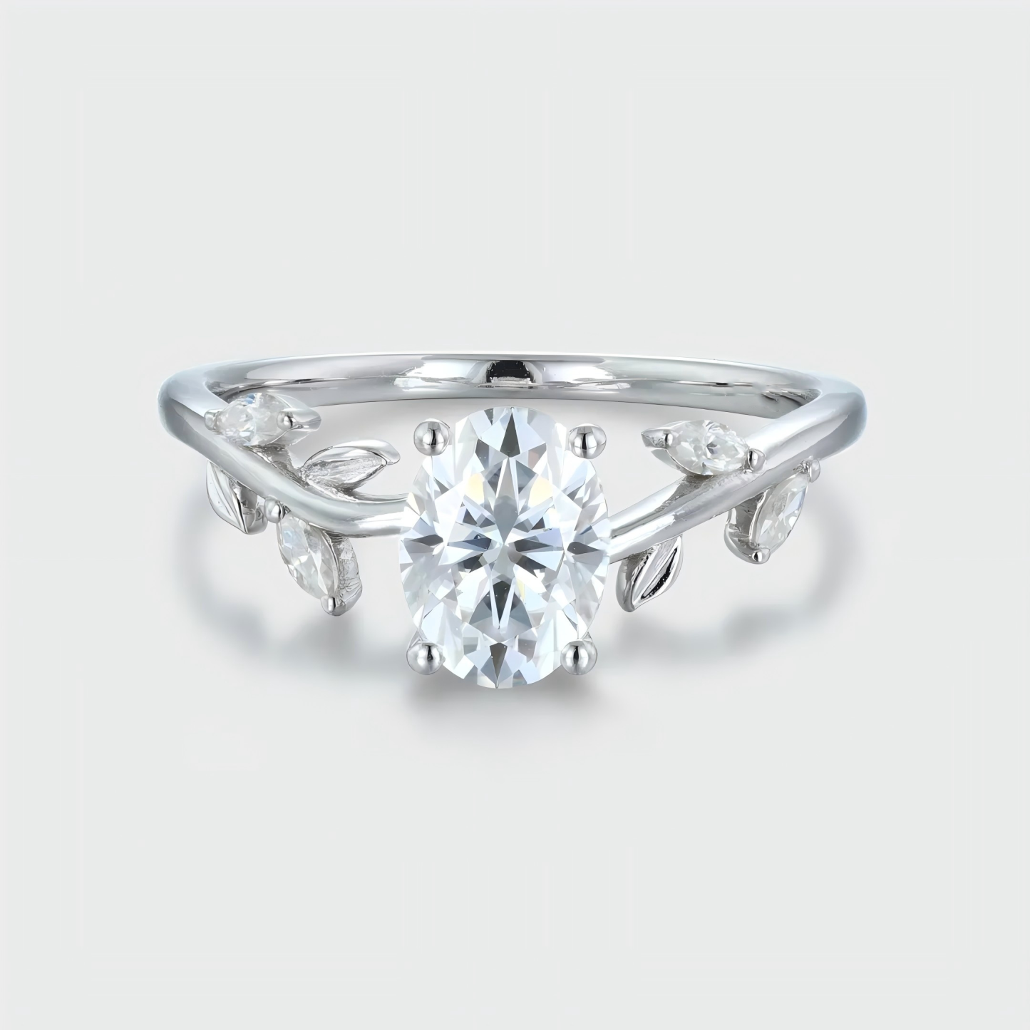 1.5 Carat Oval Cut Moissanite Engagement Ring – Vintage Nature-Inspired Bridal Ring in 14K White Gold