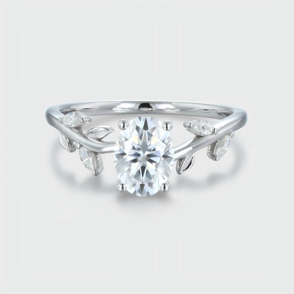 1.5 Carat Oval Cut Moissanite Engagement Ring – Vintage Nature-Inspired Bridal Ring in 14K White Gold