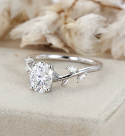 Oval cut Moissanite engagement ring Vintage White gold nature inspired ring Unique diamond engagement ring Bridal promise Anniversary