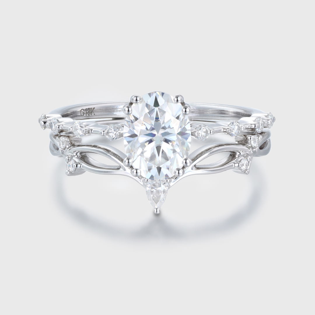 Oval cut Moissanite engagement ring set Unique 14K White gold engagement ring Vintage engagement ring wedding Bridal Promise Anniversary ring