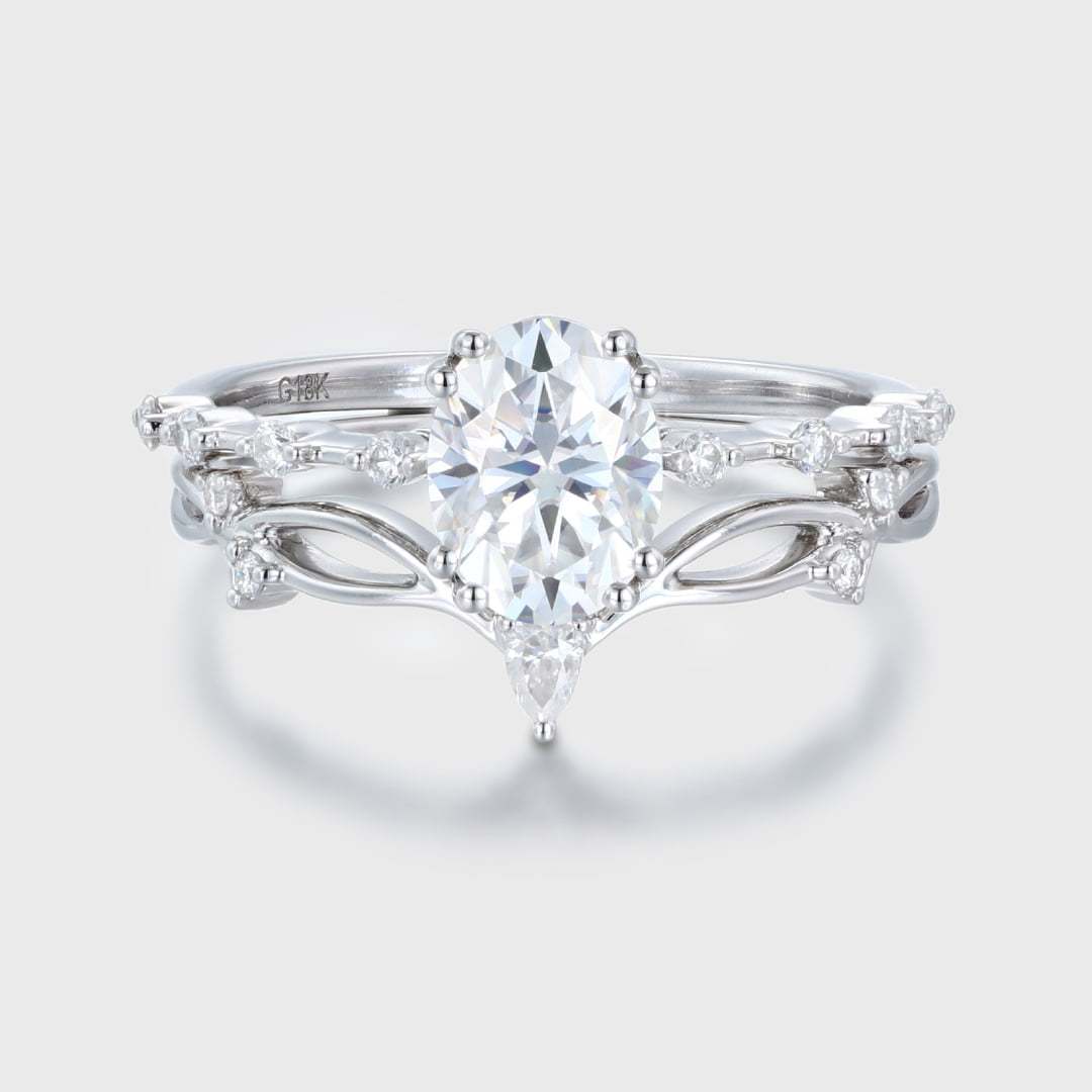 Oval cut Moissanite engagement ring set Unique 14K White gold engagement ring Vintage engagement ring wedding Bridal Promise Anniversary ring