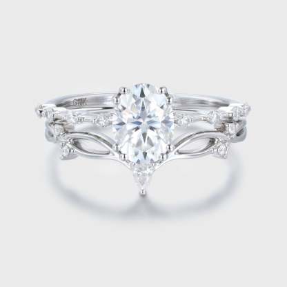 Oval cut Moissanite engagement ring set Unique 14K White gold engagement ring Vintage engagement ring wedding Bridal Promise Anniversary ring