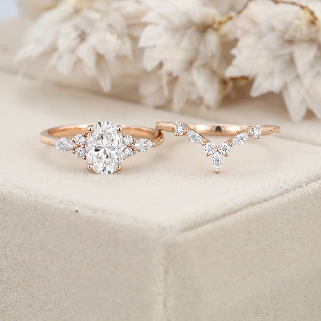 Oval cut Moissanite engagement ring set vintage rose gold engagement ring women Marquise Cluster ring diamond wedding Bridal Promise ring