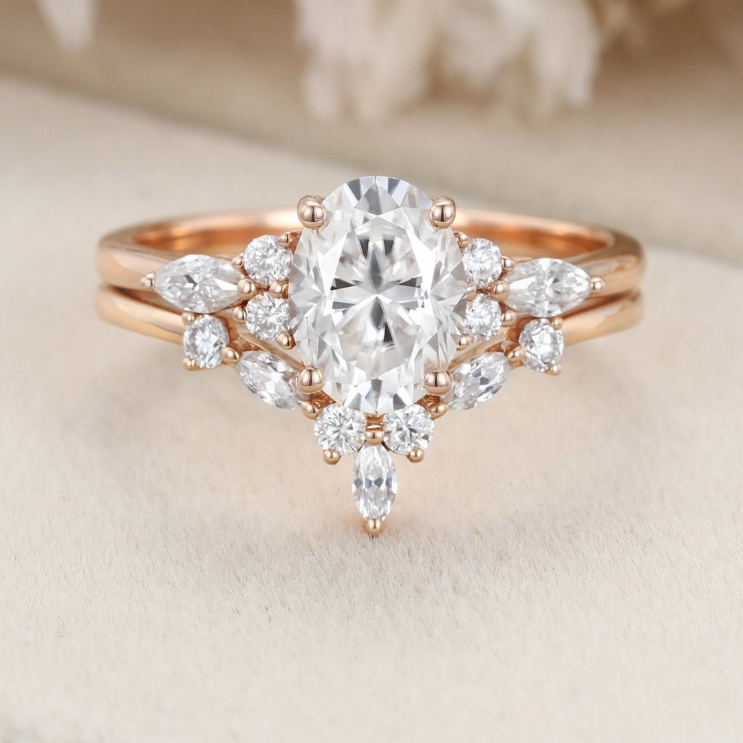 Oval cut Moissanite engagement ring set vintage rose gold engagement ring women Marquise Cluster ring diamond wedding Bridal Promise ring