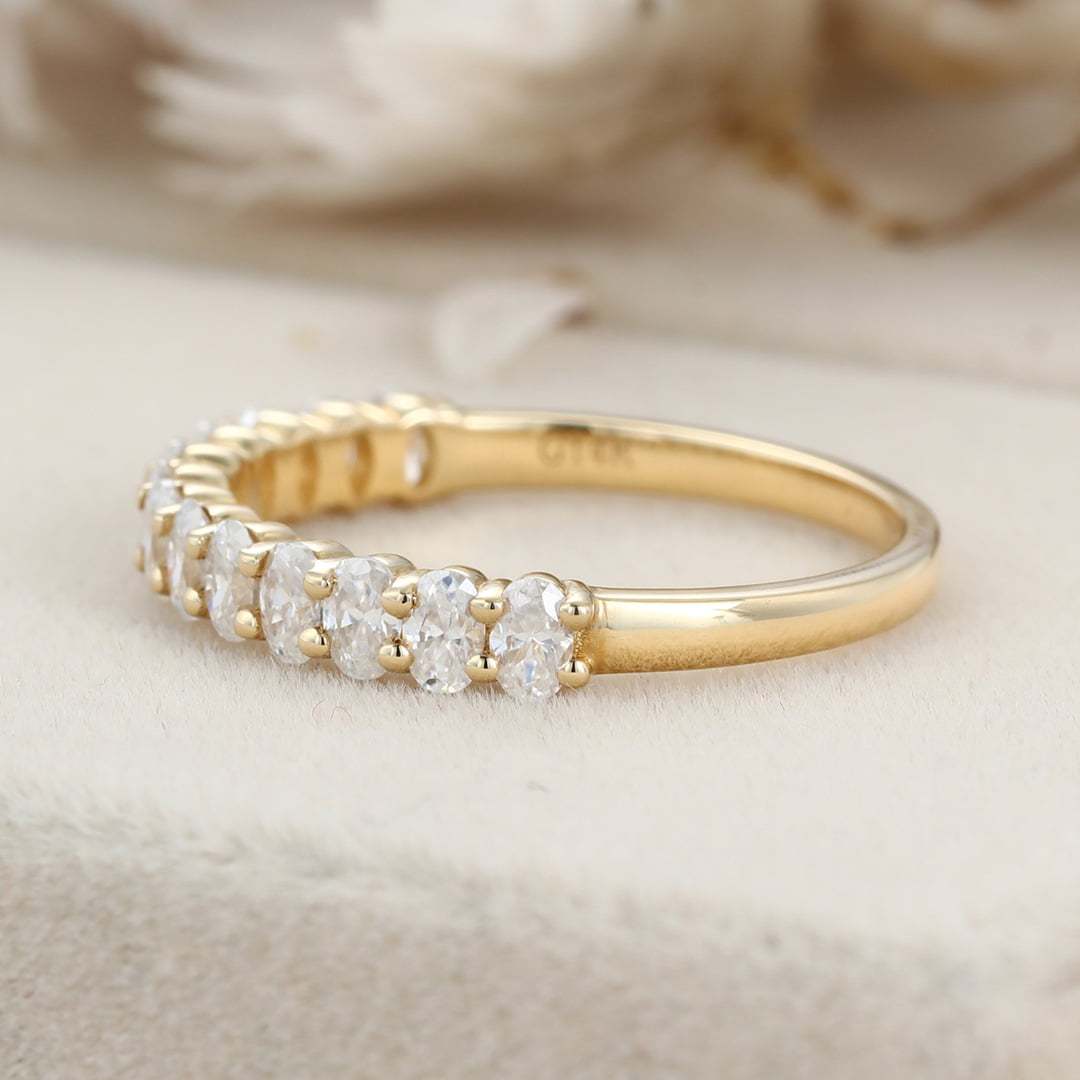 Oval cut Moissanite wedding band women Unique Half eternity yellow gold wedding band vintage Stacking Matching bridal promise gift for her