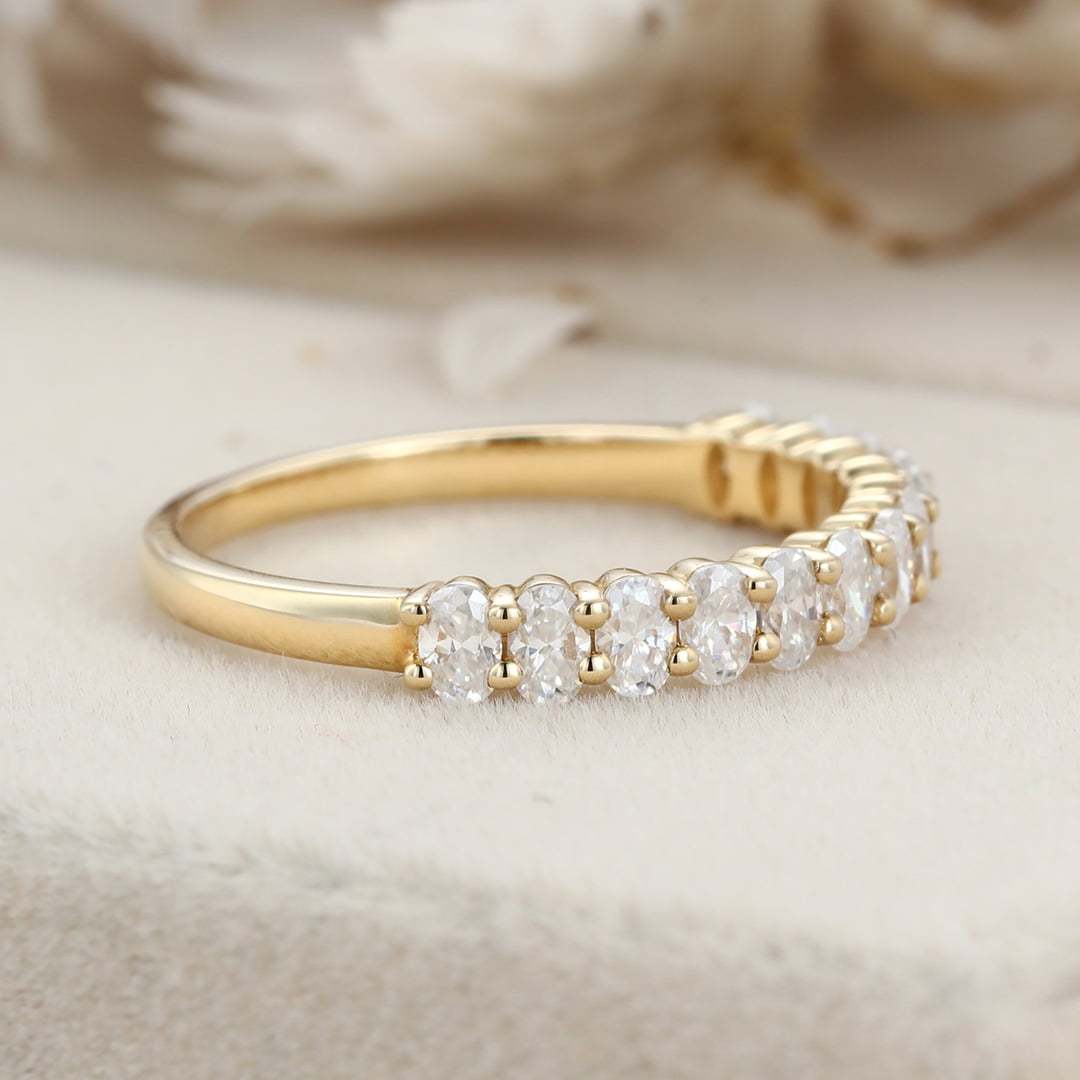 Oval cut Moissanite wedding band women Unique Half eternity yellow gold wedding band vintage Stacking Matching bridal promise gift for her