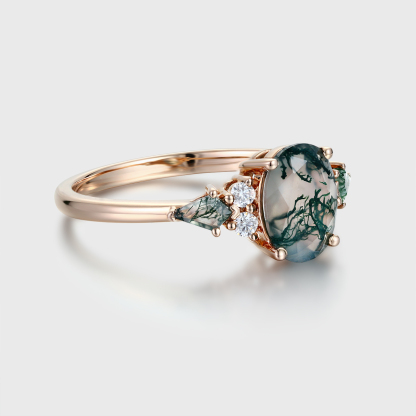 Oval Cut Moss Agate Engagement Ring – Vintage 14K Rose Gold Cluster Green Agate Anniversary Ring for Women