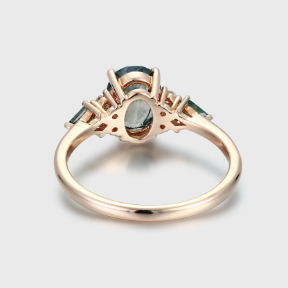 Oval Cut Moss Agate Engagement Ring – Vintage 14K Rose Gold Cluster Green Agate Anniversary Ring for Women