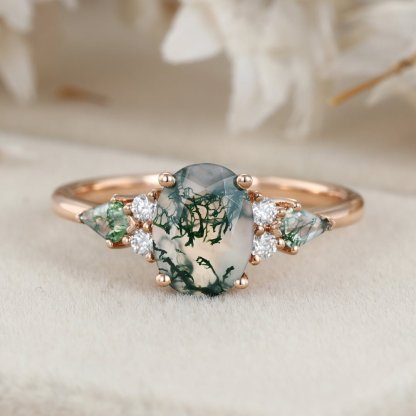 Oval cut Moss Agate engagement ring Vintage 14K Rose gold Ring Unique Cluster kite cut green Agate moissanite wedding ring Anniversary gift