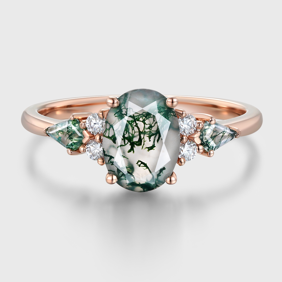 Oval Cut Moss Agate Engagement Ring – Vintage 14K Rose Gold Cluster Green Agate Anniversary Ring for Women