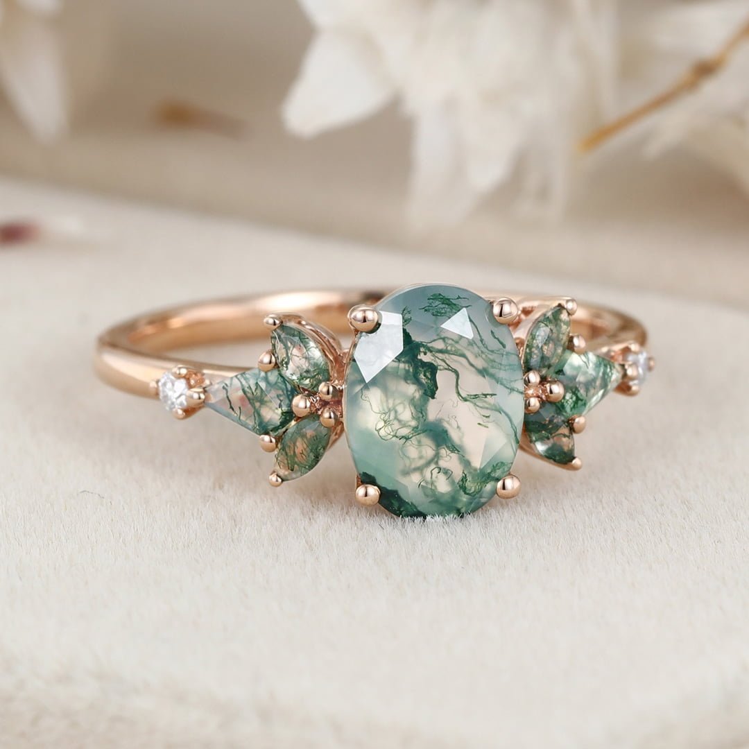 Oval cut Moss Agate engagement ring Vintage Rose gold engagement ring Unique Kite cut Moss Agate wedding Bridal Promise Anniversary gift