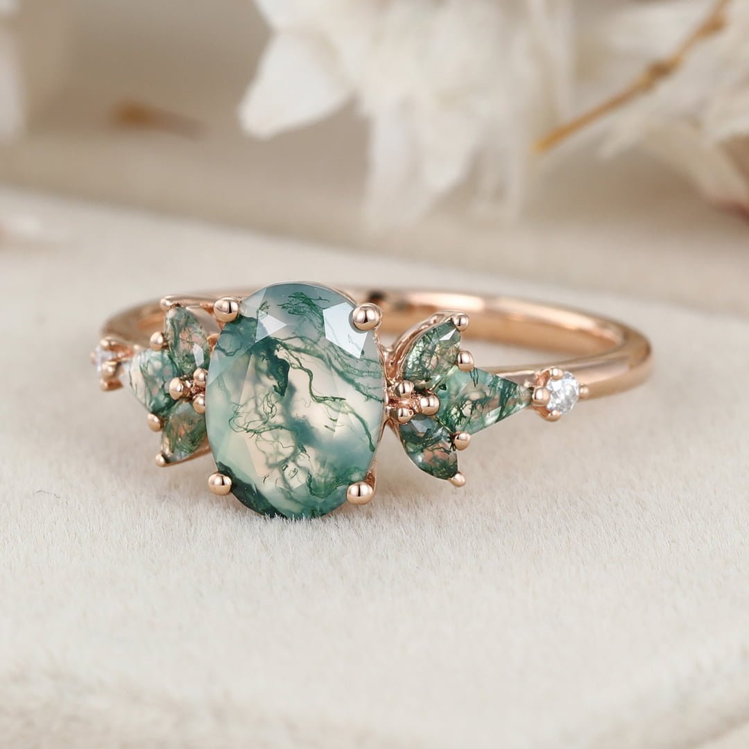 Oval cut Moss Agate engagement ring Vintage Rose gold engagement ring Unique Kite cut Moss Agate wedding Bridal Promise Anniversary gift