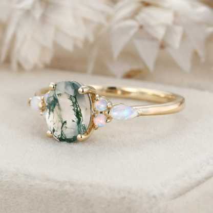 Oval cut Moss Agate engagement ring vintage 14K Yellow gold Cluster Marquise Opal engagement ring Bridal Promise anniversary gift for her