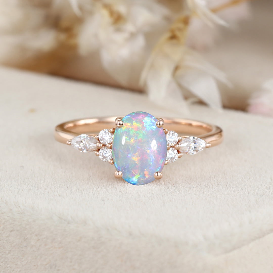 Oval cut Opal engagement ring Vintage Rose gold Engagement ring Unique MoissaniteDiamond Ring Cluster ring wedding Bridal Anniversary gift