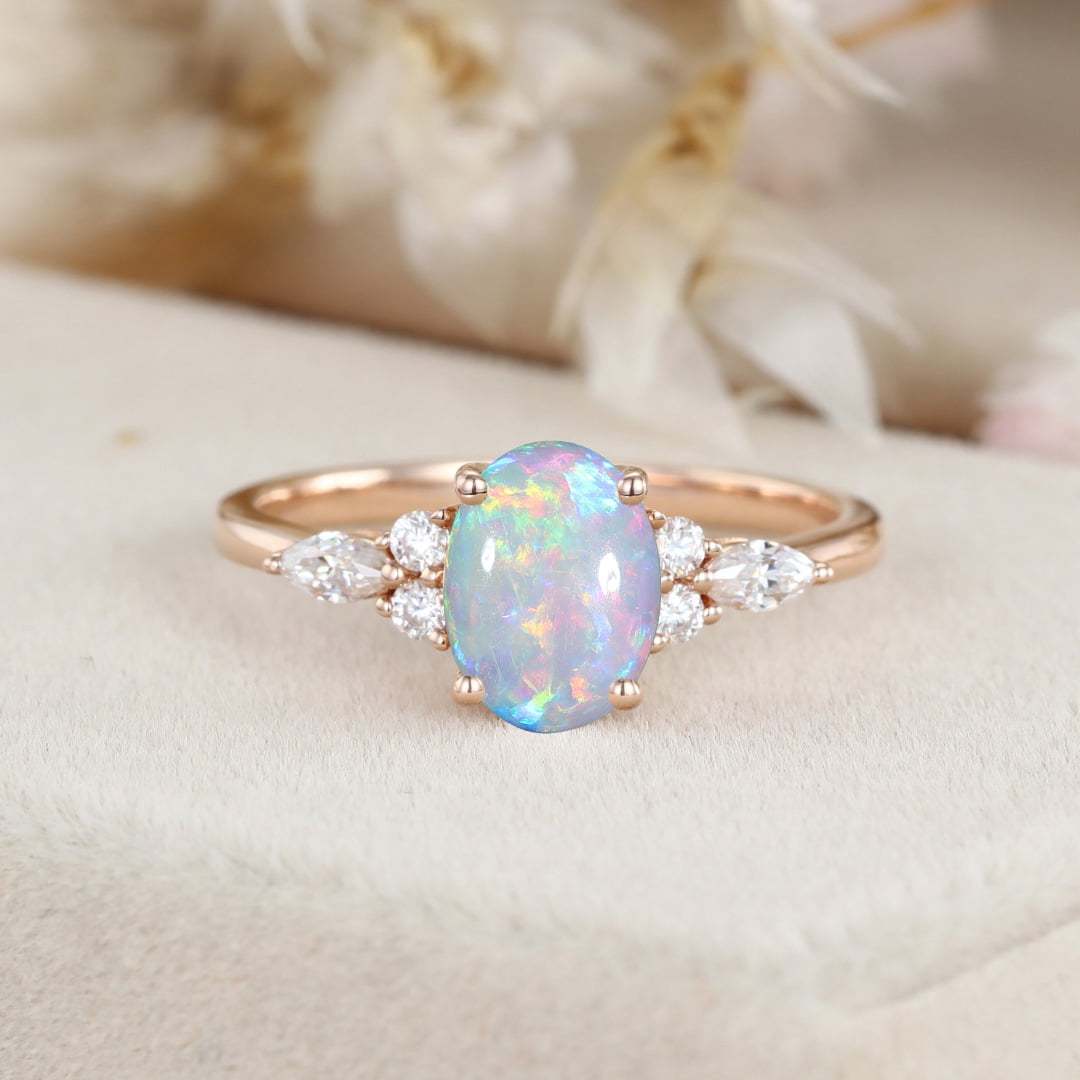 Oval cut Opal engagement ring Vintage Rose gold Engagement ring Unique MoissaniteDiamond Ring Cluster ring wedding Bridal Anniversary gift
