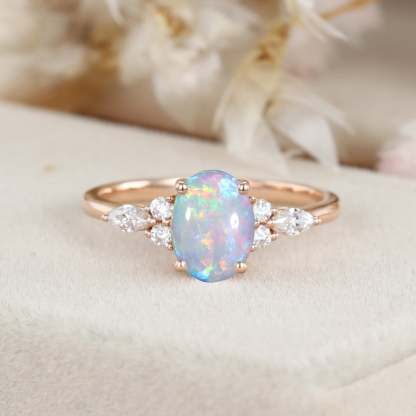 Oval cut Opal engagement ring Vintage Rose gold Engagement ring Unique MoissaniteDiamond Ring Cluster ring wedding Bridal Anniversary gift