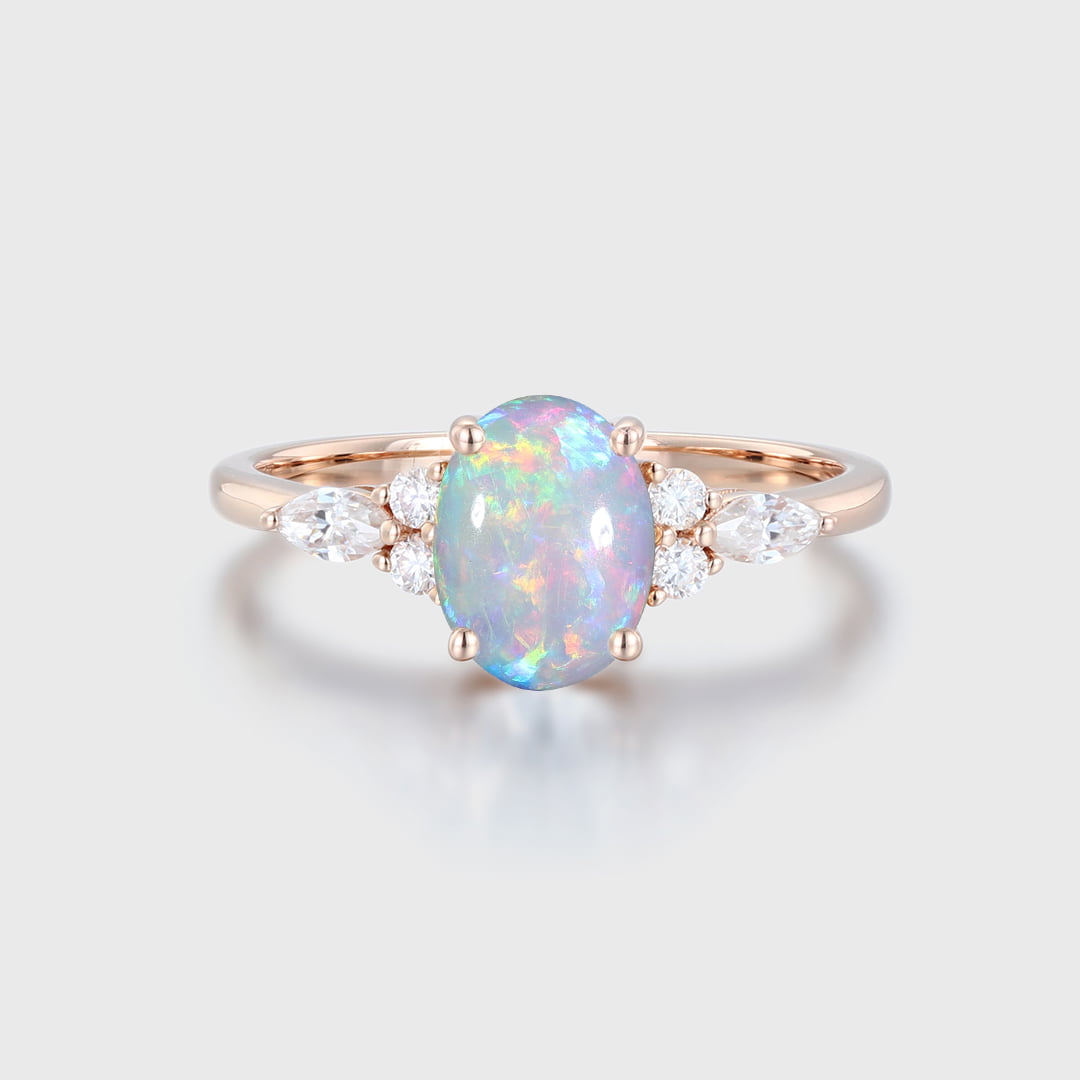 Oval cut Opal engagement ring Vintage Rose gold Engagement ring Unique MoissaniteDiamond Ring Cluster ring wedding Bridal Anniversary gift