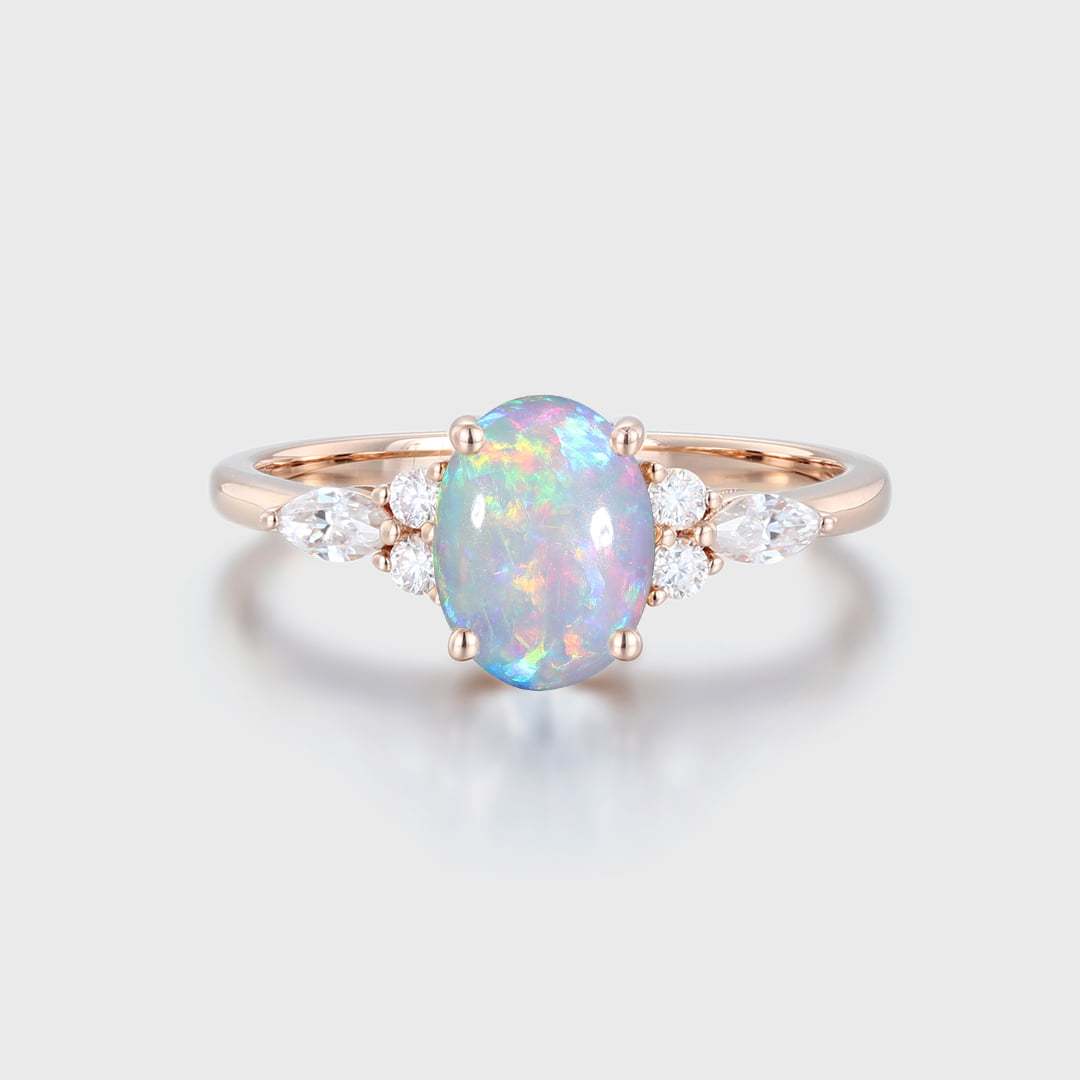 Oval cut Opal engagement ring Vintage Rose gold Engagement ring Unique MoissaniteDiamond Ring Cluster ring wedding Bridal Anniversary gift