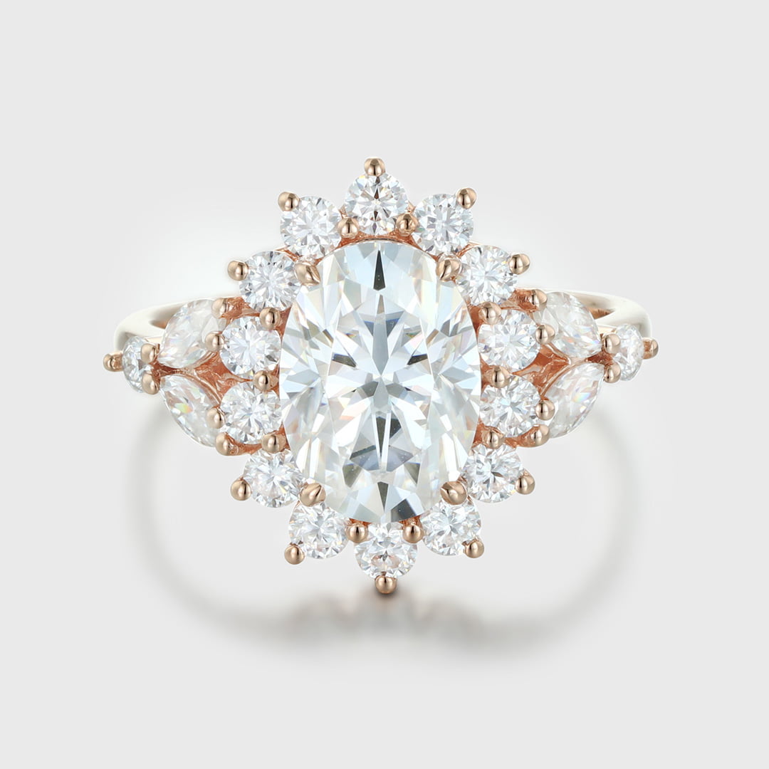 Oval moissanite engagement ring halo 2.5ct Unique rose gold moissanite engagement ring vintage cluster ring wedding bridal Anniversary gift