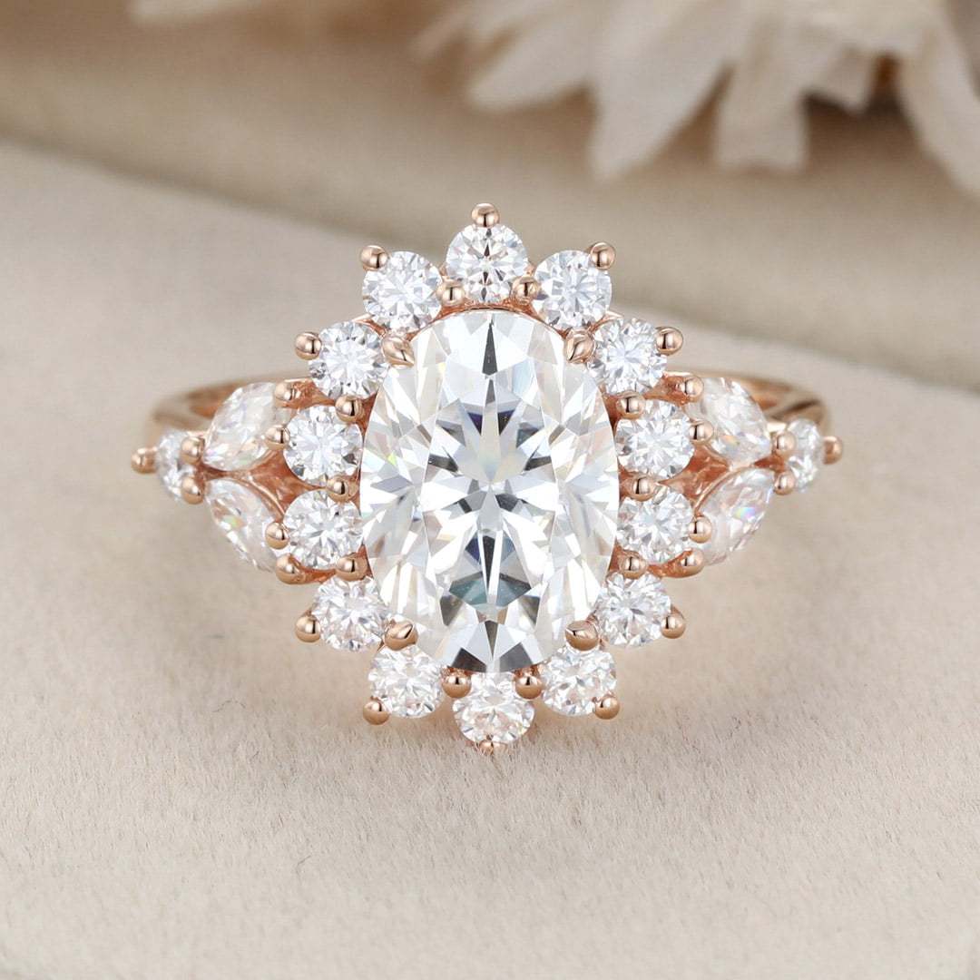 Oval moissanite engagement ring halo 2.5ct Unique rose gold moissanite engagement ring vintage cluster ring wedding bridal Anniversary gift
