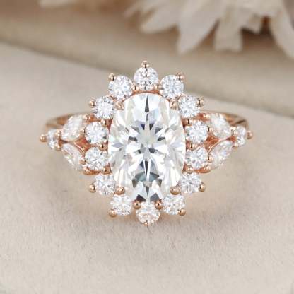 Oval moissanite engagement ring halo 2.5ct Unique rose gold moissanite engagement ring vintage cluster ring wedding bridal Anniversary gift
