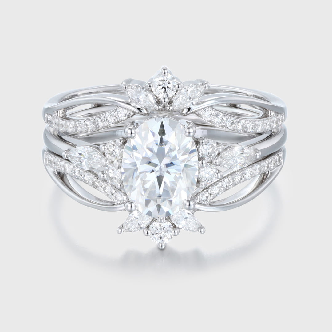Oval moissanite engagement ring set Unique marquise cluster diamond ring 14K White gold double wedding ring Promise Anniversary gift