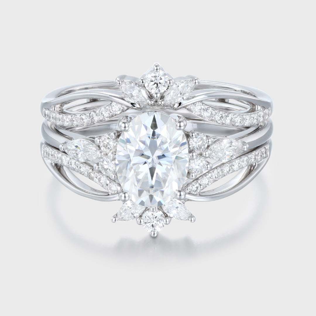 Oval moissanite engagement ring set Unique marquise cluster diamond ring 14K White gold double wedding ring Promise Anniversary gift