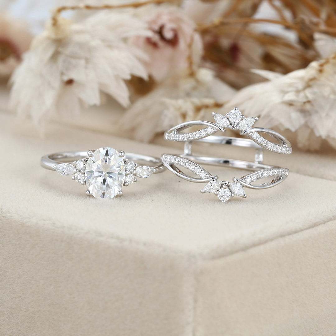 Oval moissanite engagement ring set Unique marquise cluster diamond ring 14K White gold double wedding ring Promise Anniversary gift