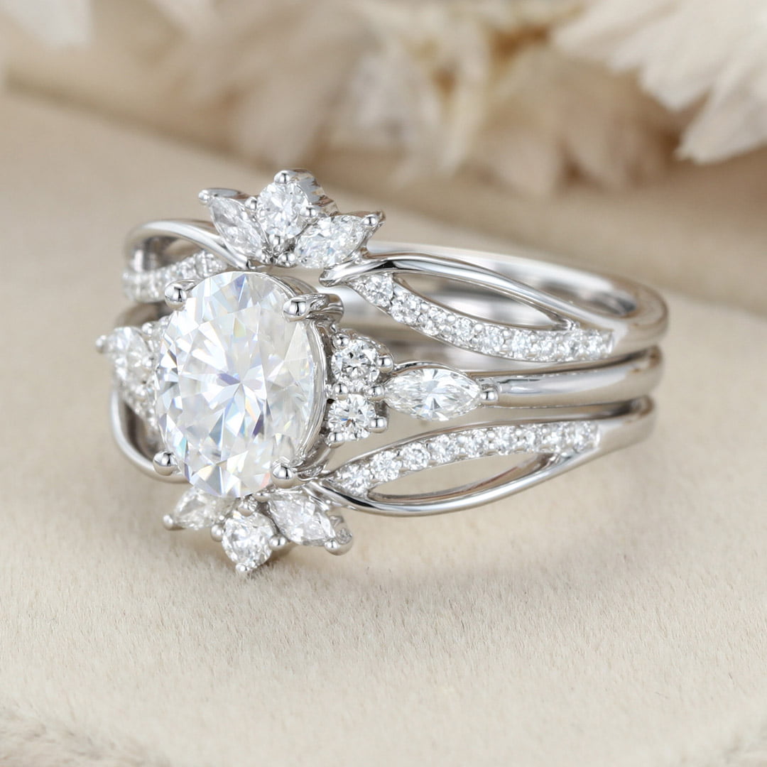 Oval moissanite engagement ring set Unique marquise cluster diamond ring 14K White gold double wedding ring Promise Anniversary gift