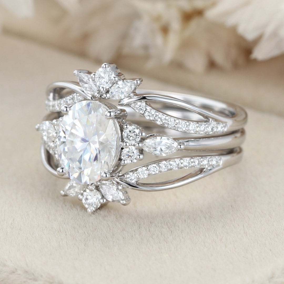 Oval moissanite engagement ring set Unique marquise cluster diamond ring 14K White gold double wedding ring Promise Anniversary gift