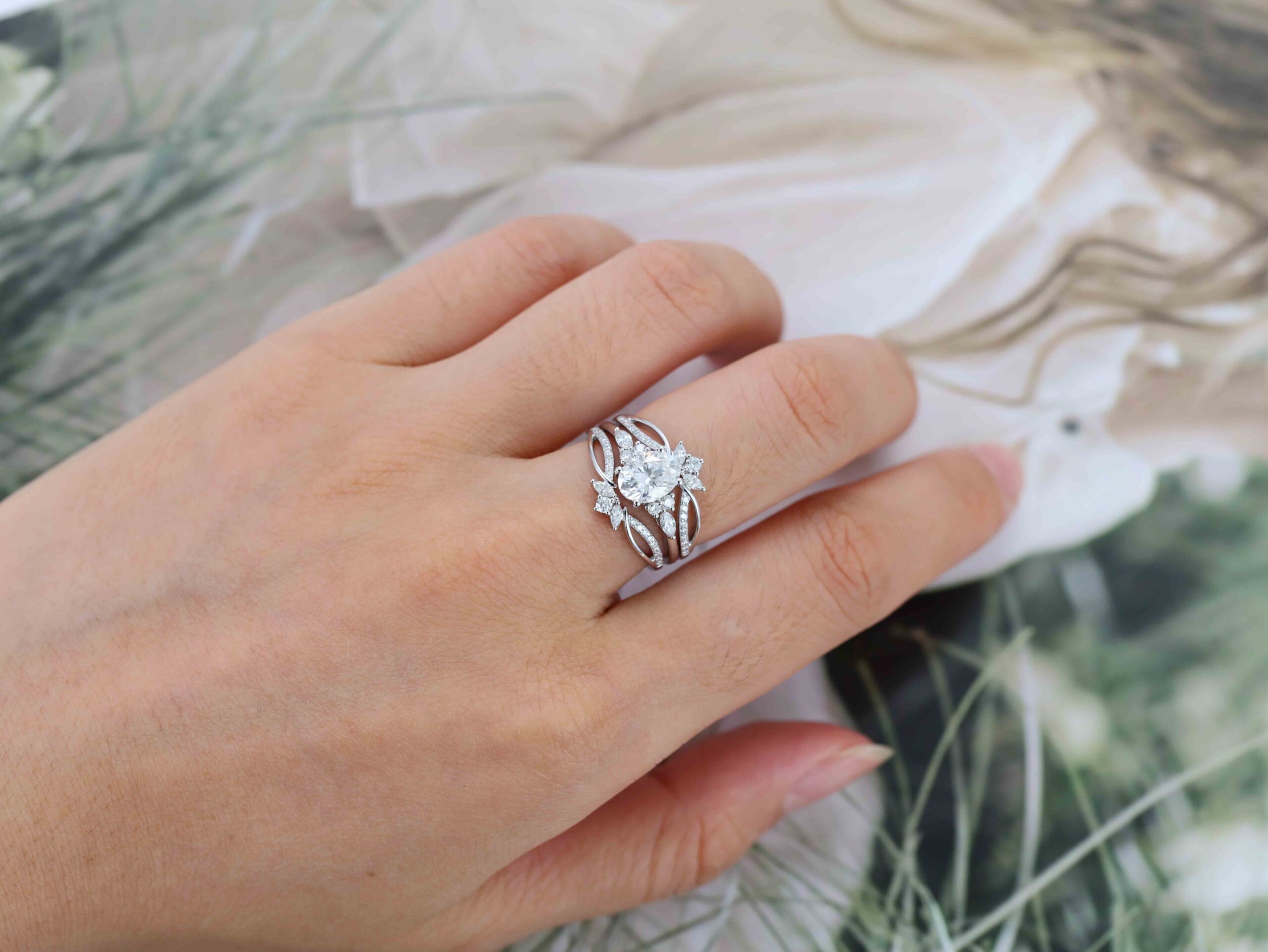 Oval moissanite engagement ring set Unique marquise cluster diamond ring 14K White gold double wedding ring Promise Anniversary gift