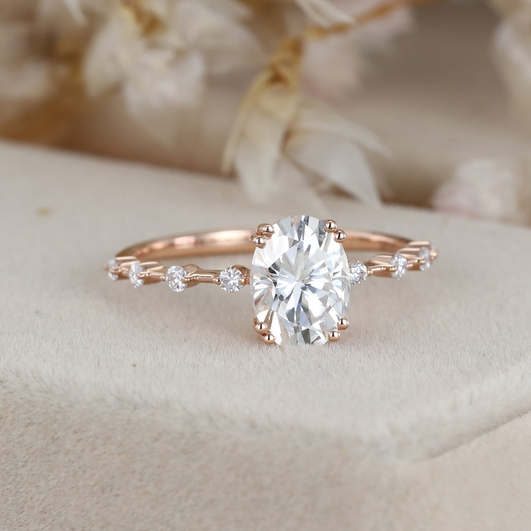 1.5 Carat Oval Moissanite Side Stones Engagement Ring In 14k Rose Gold