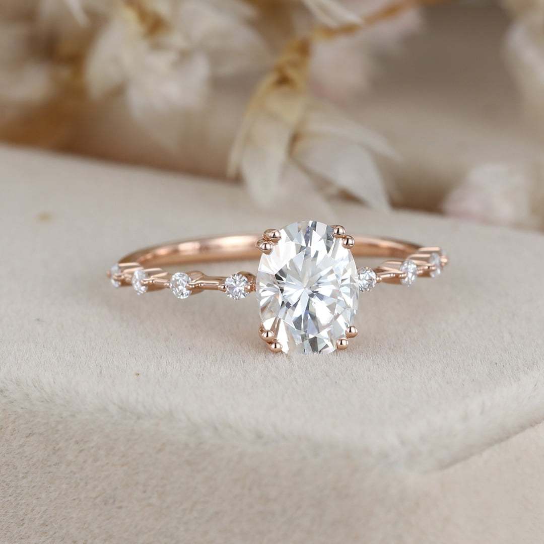 1.5 Carat Oval Moissanite Side Stones Engagement Ring In 14k Rose Gold