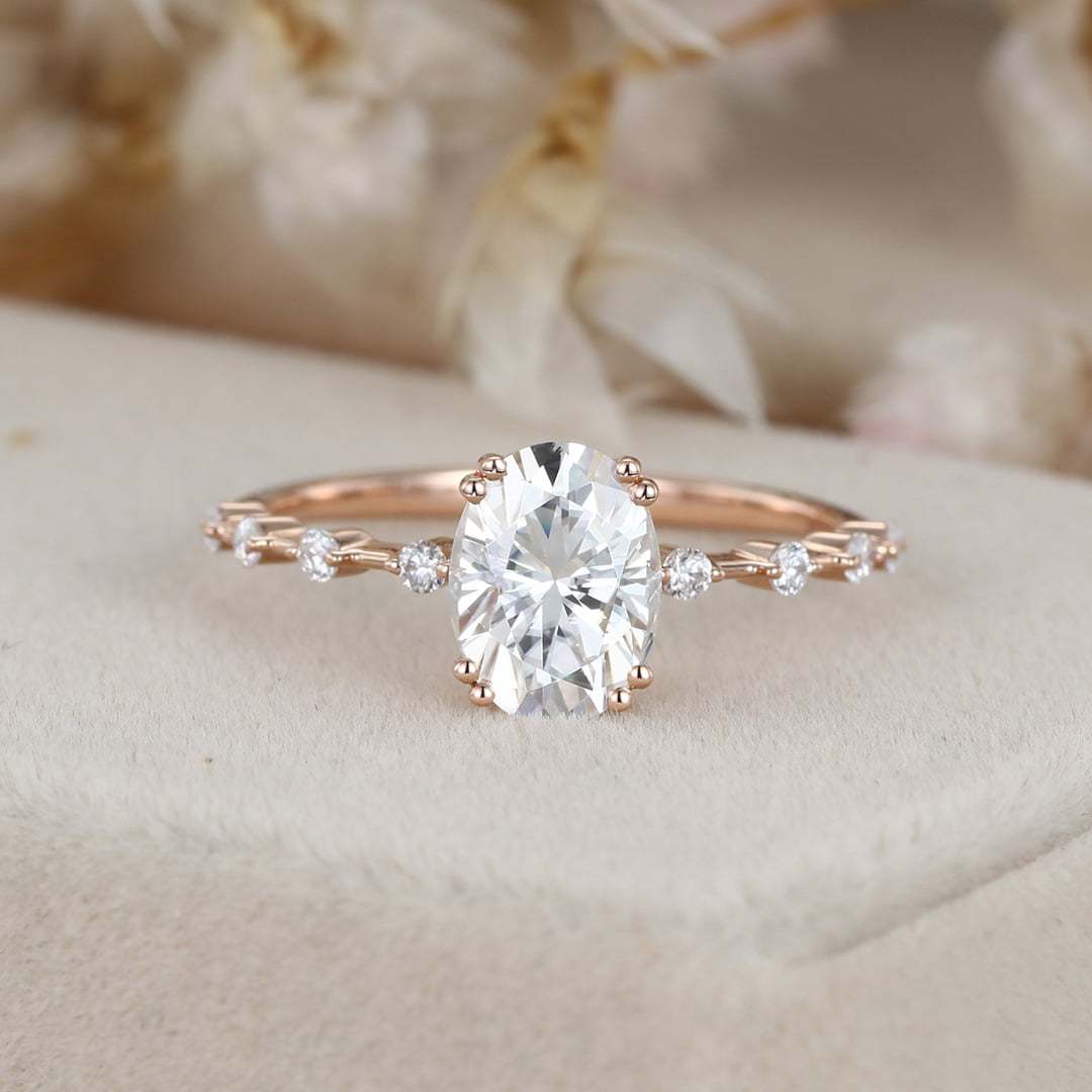1.5 Carat Oval Moissanite Side Stones Engagement Ring In 14k Rose Gold