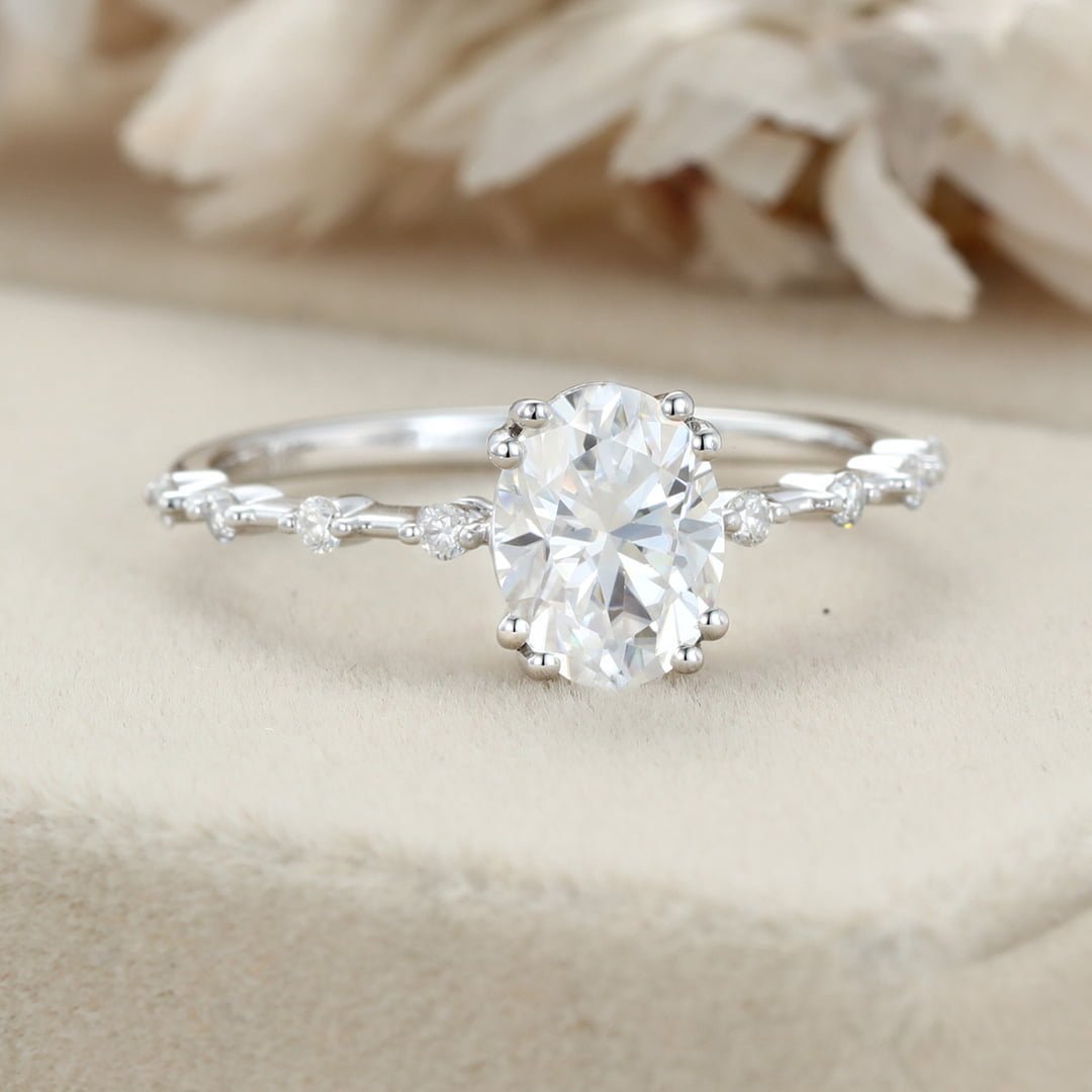 Oval moissanite engagement ring women Unique White gold engagement ring vintage art deco diamond ring Bridal Promise ring Anniversary gift