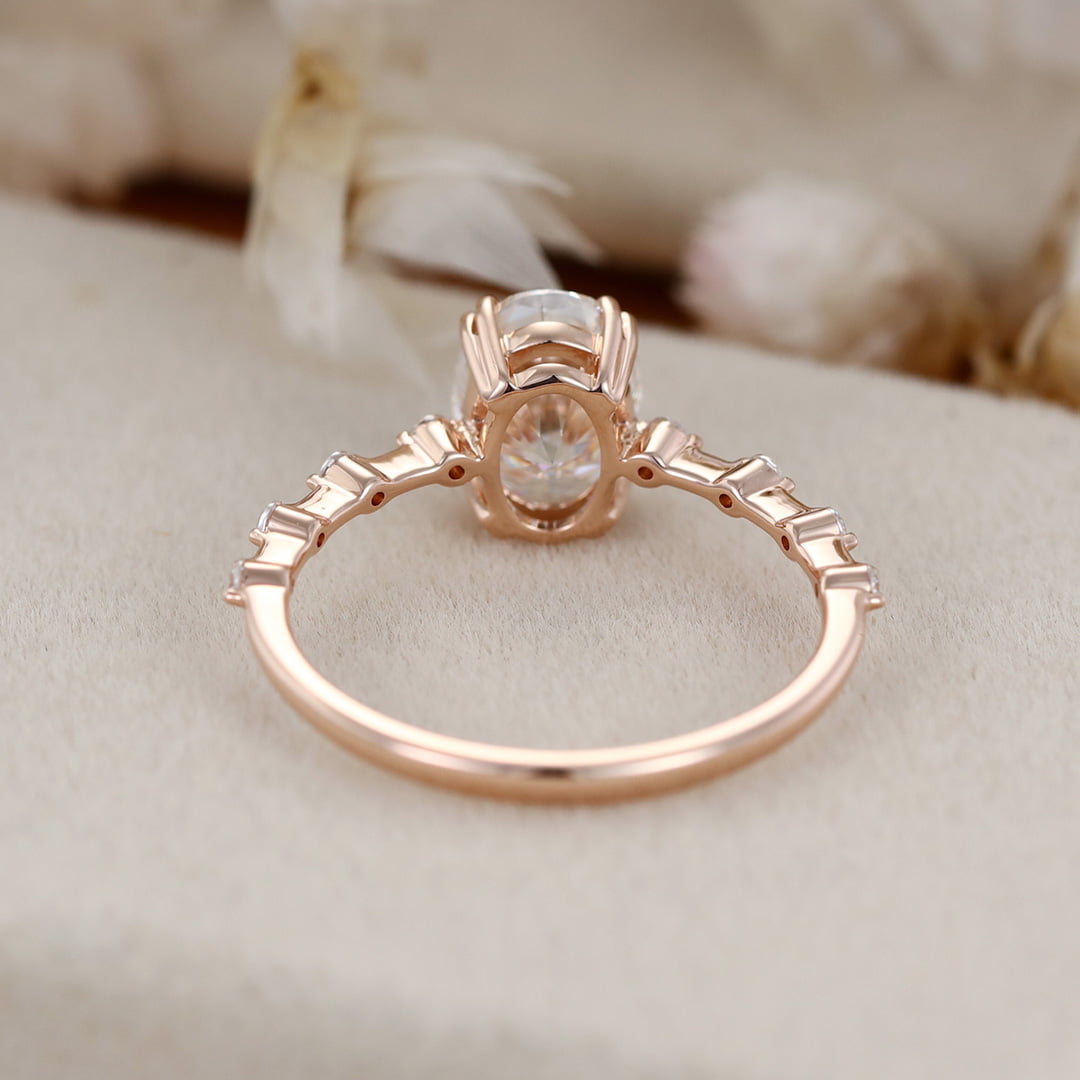 1.5 Carat Oval Moissanite Side Stones Engagement Ring In 14k Rose Gold