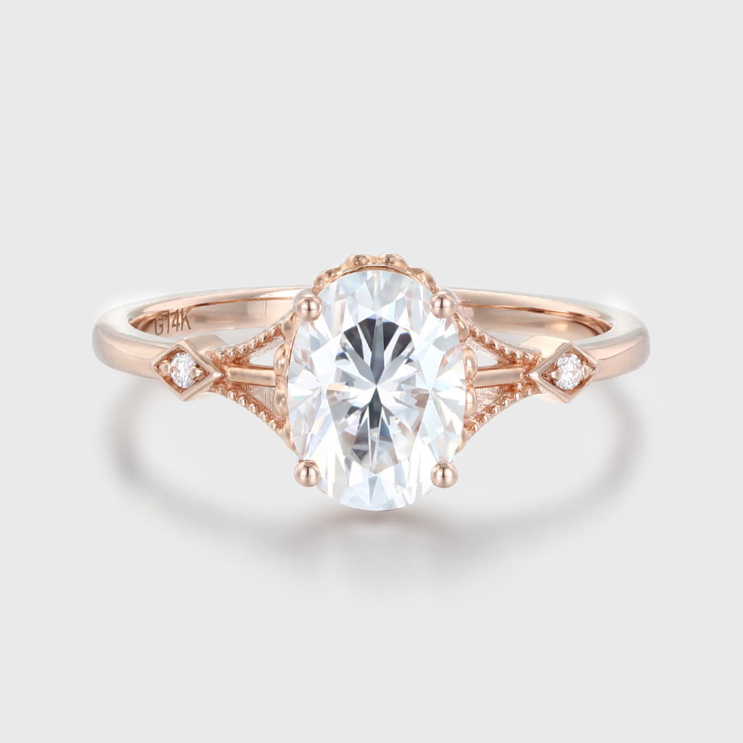 Vintage 1.5CT Oval Shape Moissanite Unique Art Deco Ring In 14K Rose Gold