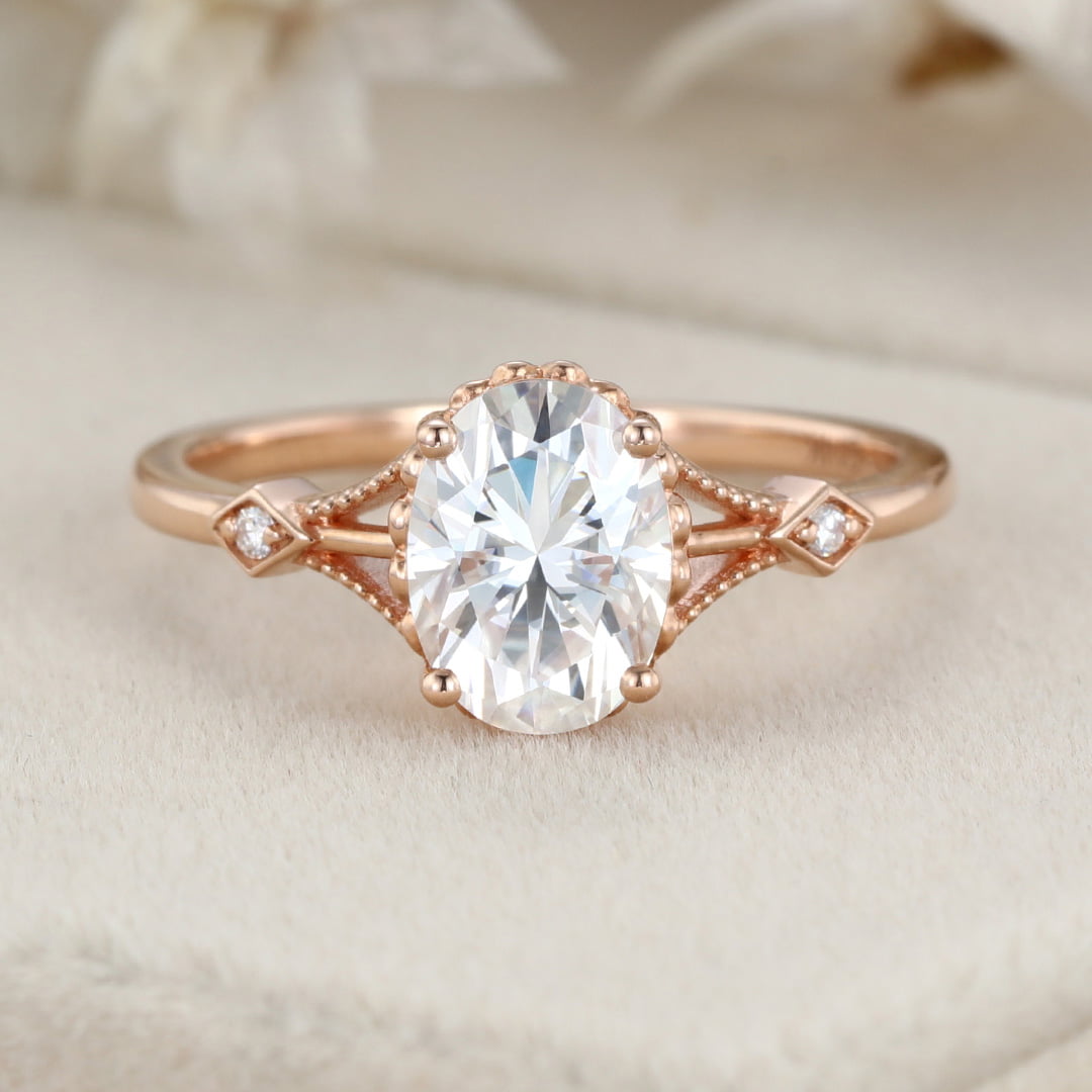 Vintage 1.5 Carat Oval Shape Moissanite Unique Art Deco Ring In 14K Rose Gold