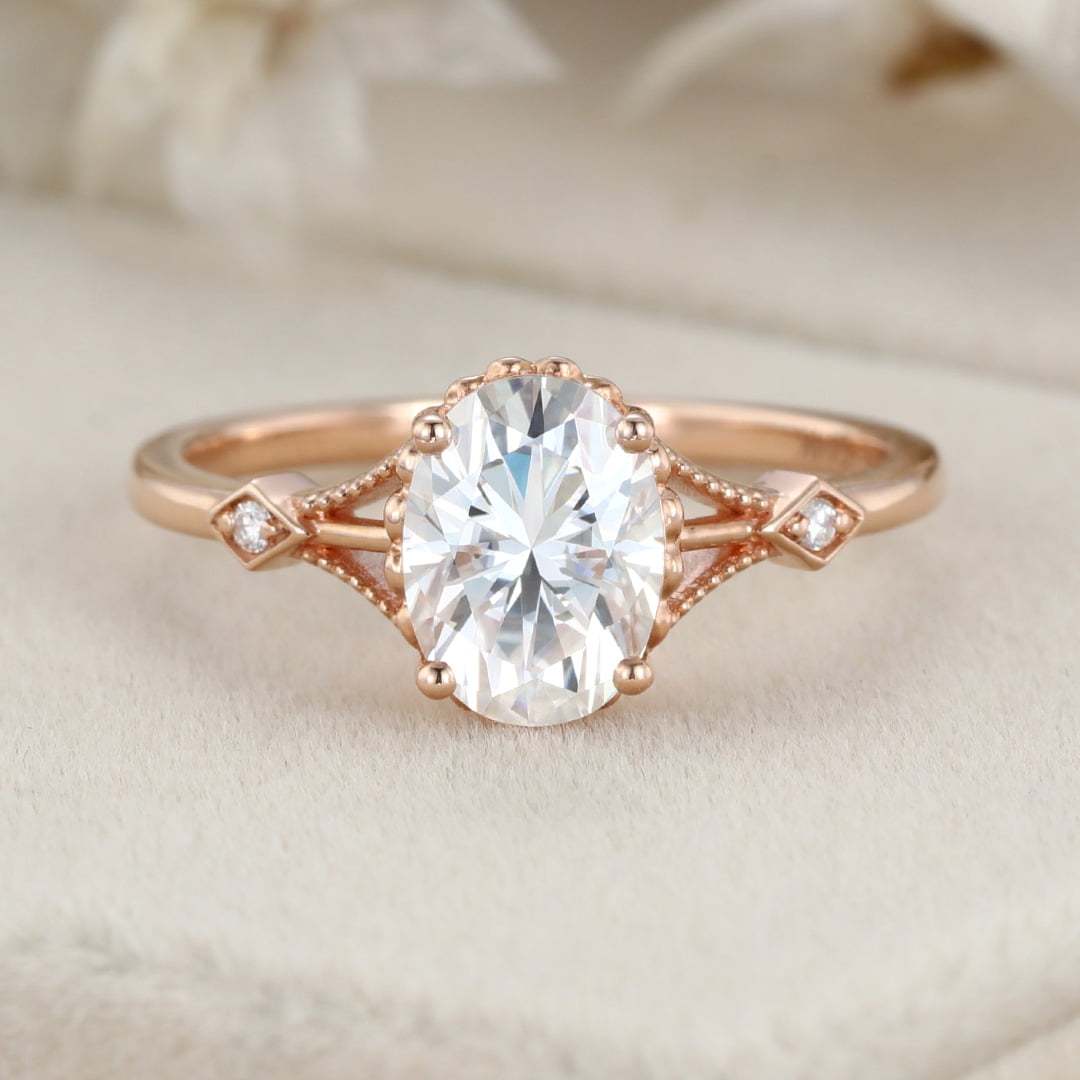 Vintage 1.5 Carat Oval Shape Moissanite Unique Art Deco Ring In 14K Rose Gold