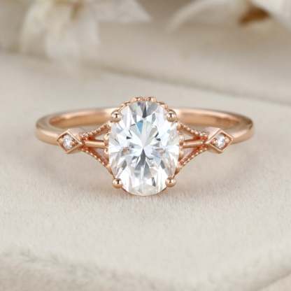 Vintage 1.5 Carat Oval Shape Moissanite Unique Art Deco Ring In 14K Rose Gold