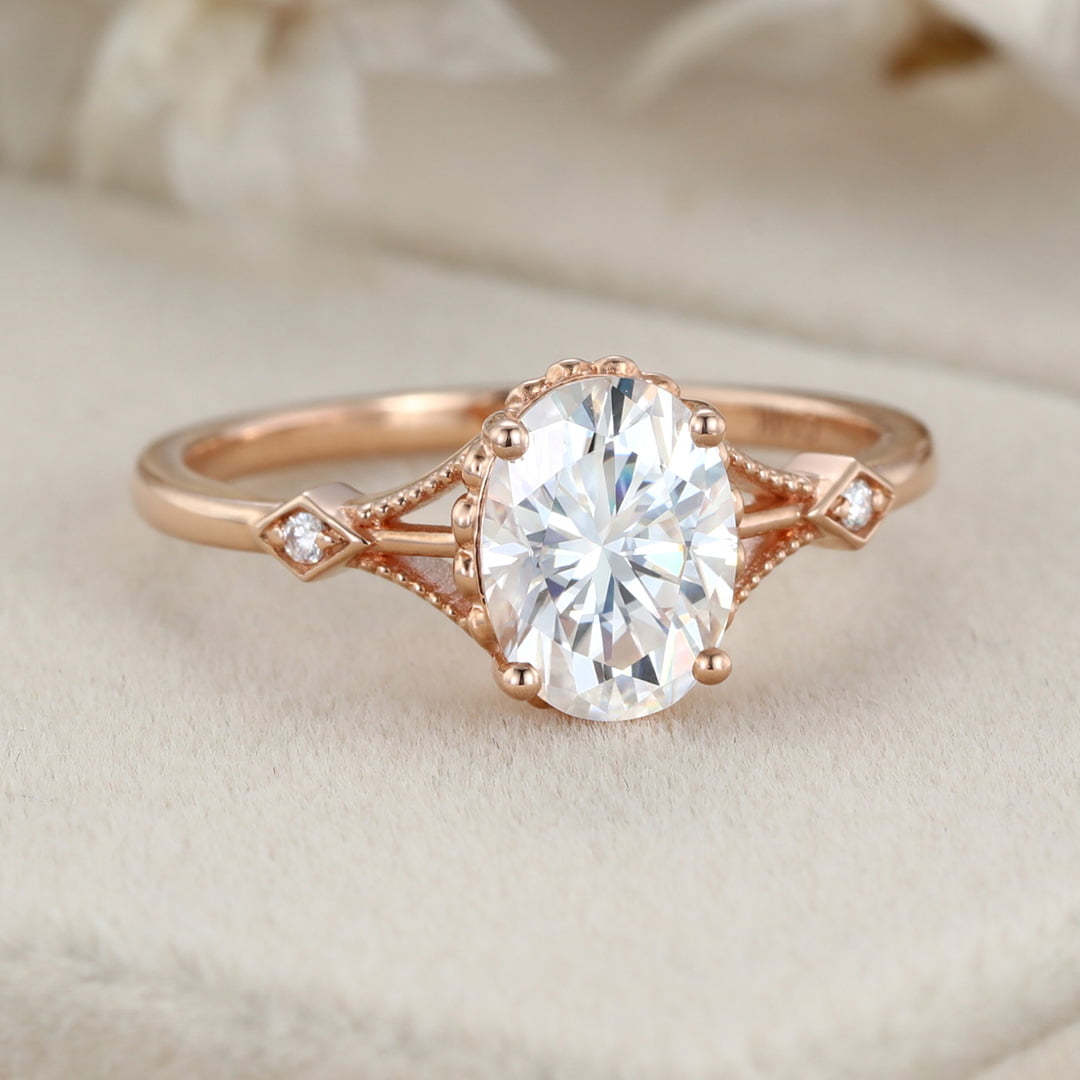 Vintage 1.5 Carat Oval Shape Moissanite Unique Art Deco Ring In 14K Rose Gold