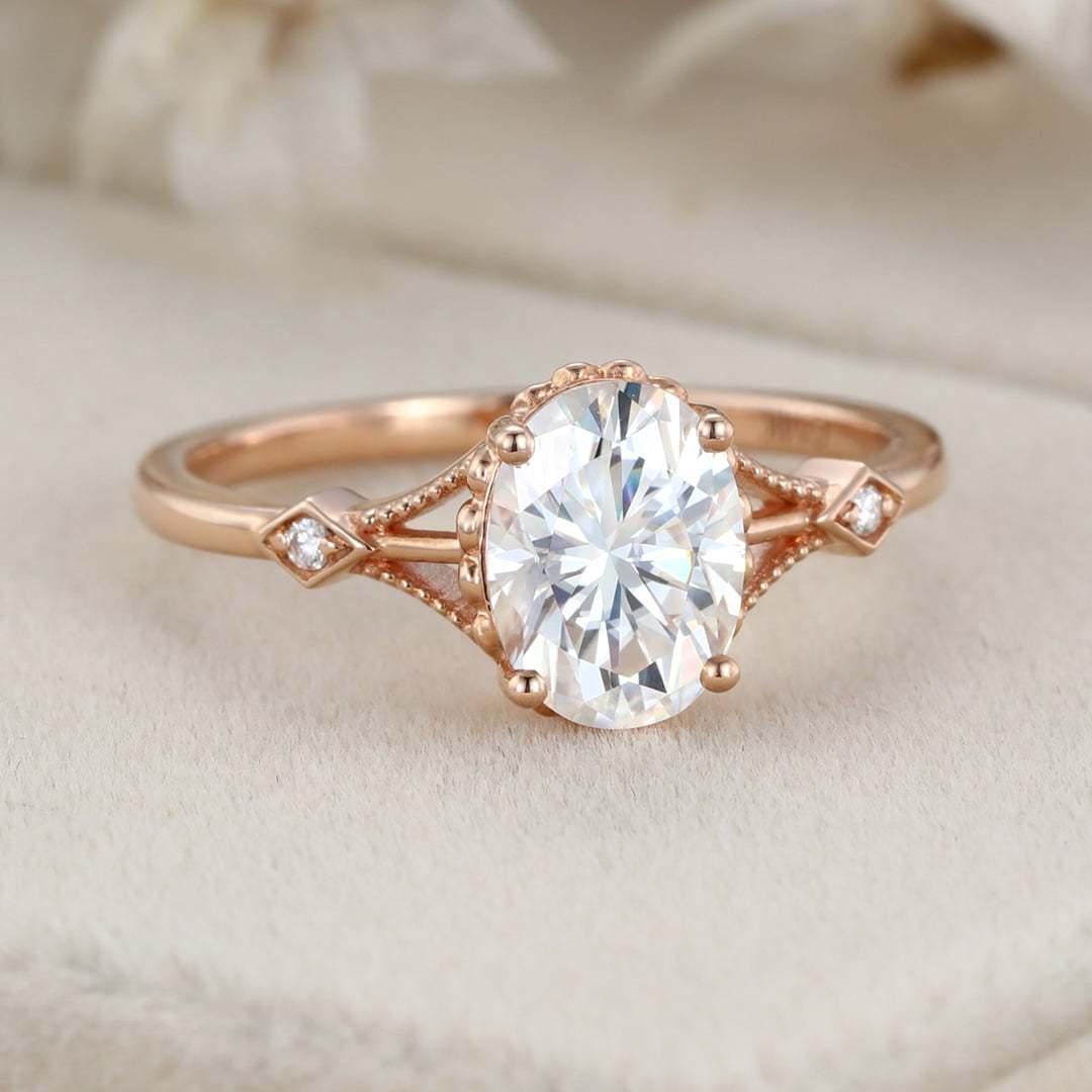 Vintage 1.5 Carat Oval Shape Moissanite Unique Art Deco Ring In 14K Rose Gold