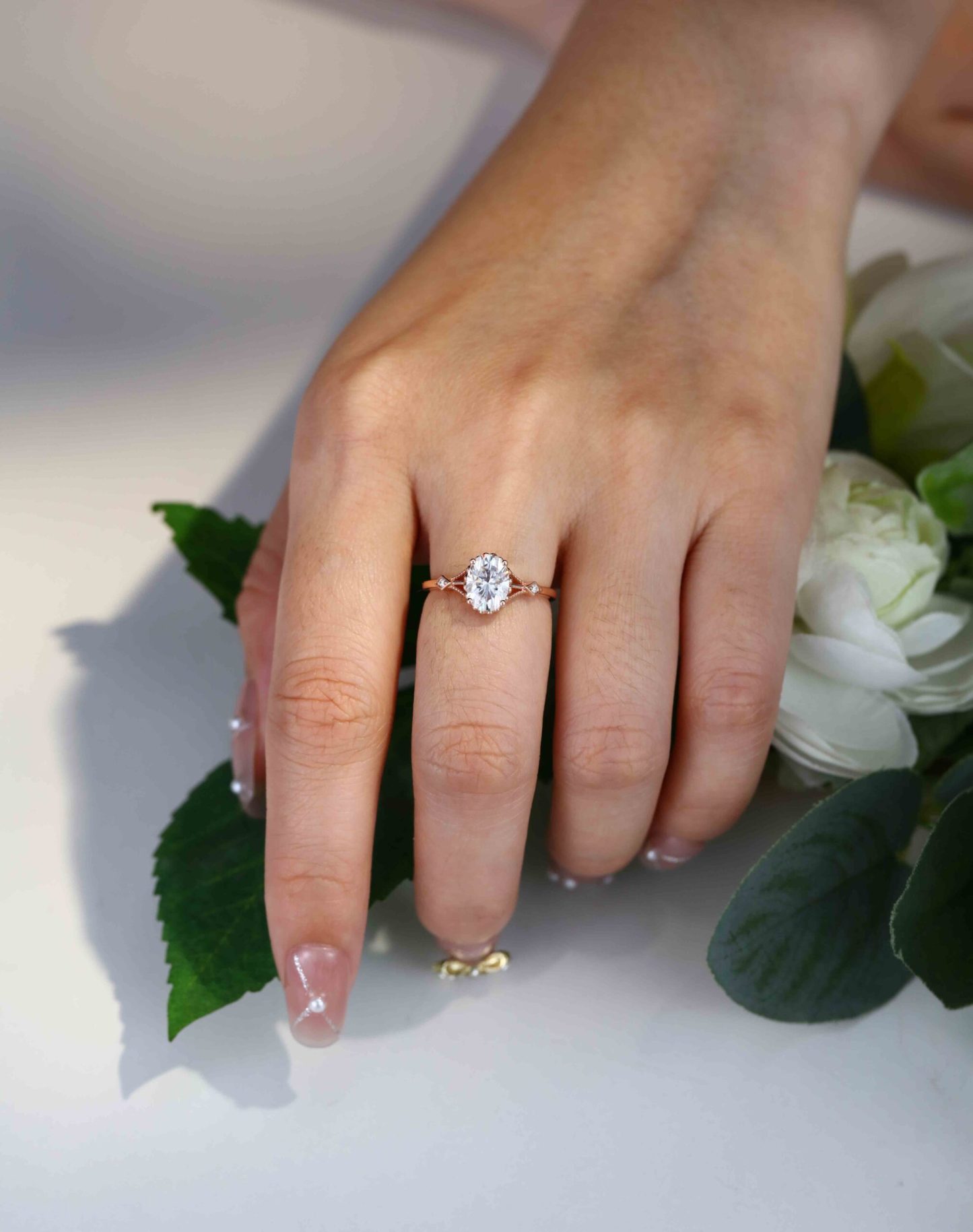 Vintage 1.5 Carat Oval Shape Moissanite Unique Art Deco Ring In 14K Rose Gold