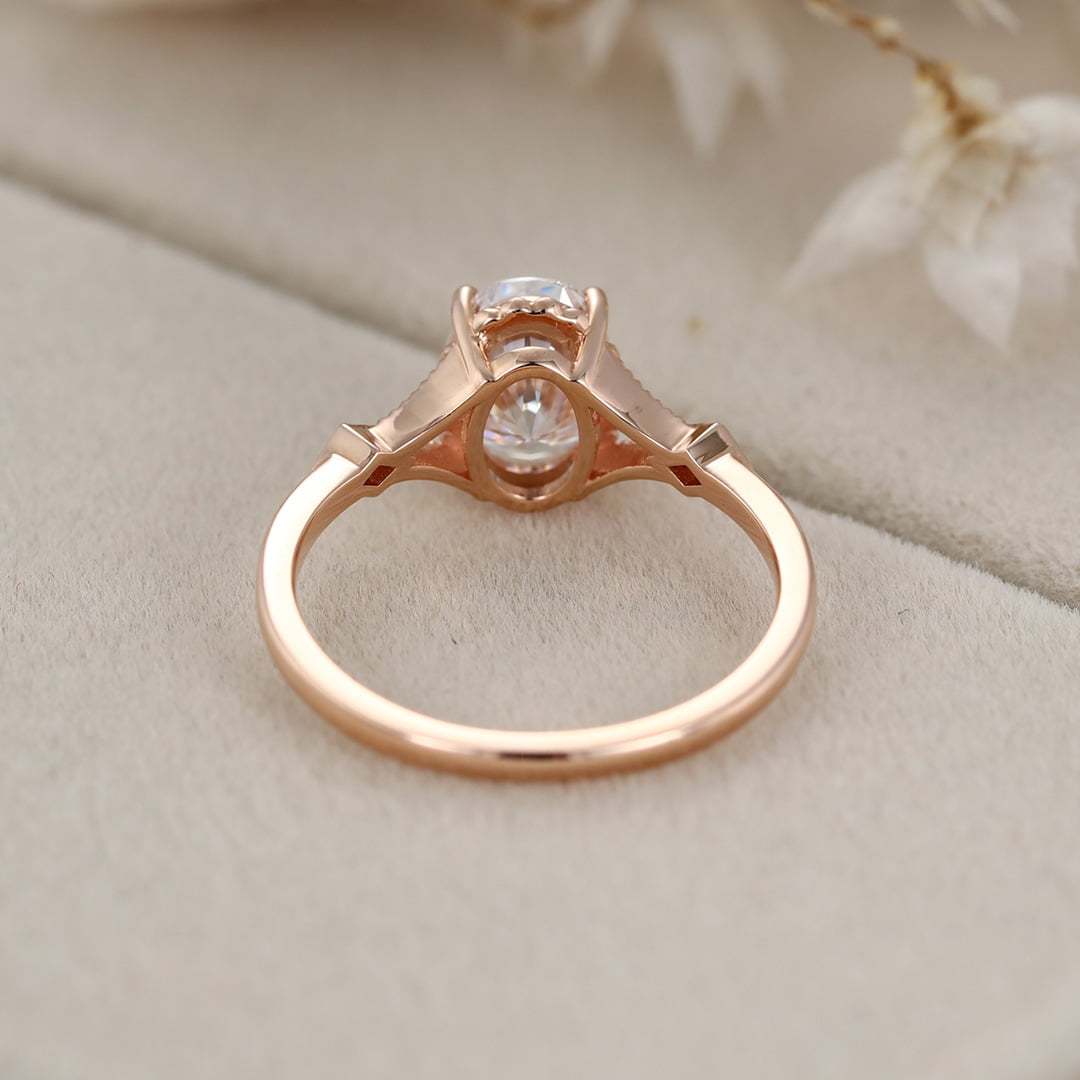 Vintage 1.5 Carat Oval Shape Moissanite Unique Art Deco Ring In 14K Rose Gold