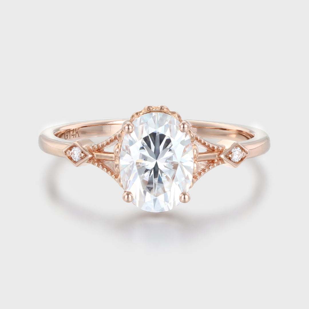 Vintage 1.5CT Oval Shape Moissanite Unique Art Deco Ring In 14K Rose Gold