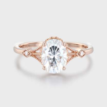 Vintage 1.5CT Oval Shape Moissanite Unique Art Deco Ring In 14K Rose Gold